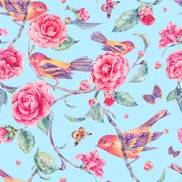 Watercolor seamless pattern with pair of birds anf camellia Ilustração Stock