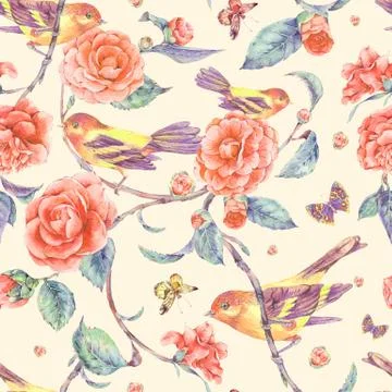 Watercolor seamless pattern with pair of birds anf camellia Ilustração Stock