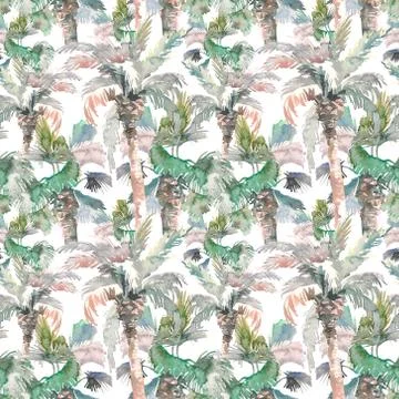 Watercolor seamless pattern of palms, hand drawn illustration for your design Stock Illustration