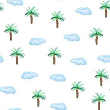 Watercolor seamless pattern with palms trees and clouds. Beach style hand dra Stockillustratie