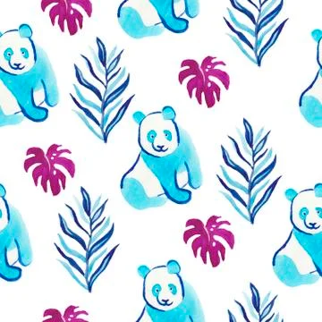 Watercolor seamless pattern with panda and tropical plants and butterfly. Stock-Illustration