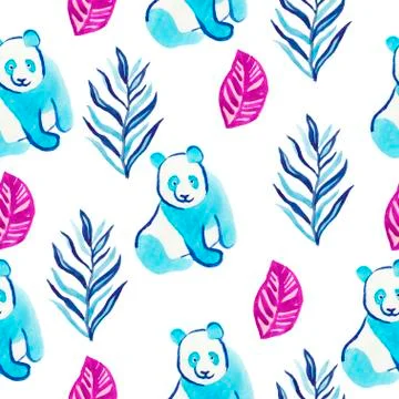 Watercolor seamless pattern with panda and tropical plants and butterfly. Stock Illustration