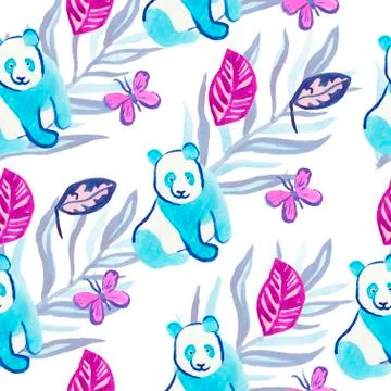 Watercolor seamless pattern with panda and tropical plants and butterfly. Stock Illustration