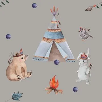 Watercolor seamless pattern pattern with boho wigwam elements bear bird arrow Illustrazione stock