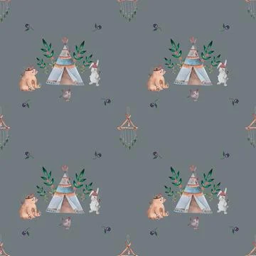 Watercolor seamless pattern pattern with boho wigwam elements bear bird arrow イラスト素材
