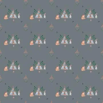 Watercolor seamless pattern pattern with boho wigwam elements bear bird arrow Illustrazione stock