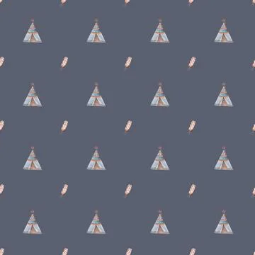 Watercolor seamless pattern pattern with boho wigwam elements and feathers. for Illustrazione stock