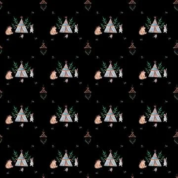 Watercolor seamless pattern pattern with boho wigwam elements bear bird arrow Illustrazione stock