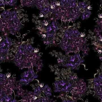 Watercolor seamless pattern with pea hydrangea flowers and leaves. Illustrazione stock