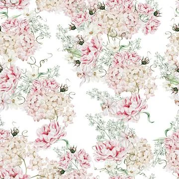 Watercolor seamless pattern with pea hydrangea flowers and leaves. Illustrazione stock