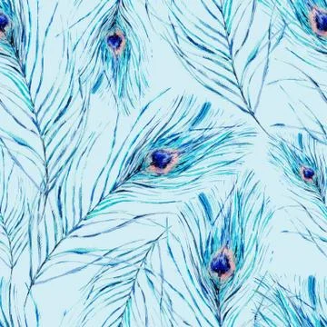 Watercolor seamless pattern with peacock feathers Stock Illustration