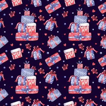 Watercolor seamless pattern with piles of gift boxes on dark. Stock Illustration