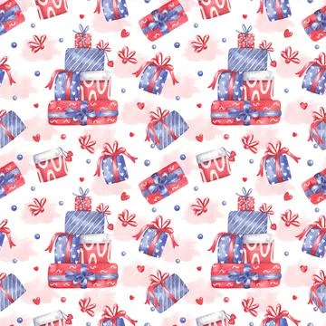 Watercolor seamless pattern with piles of gift boxes on white. Stock Illustration