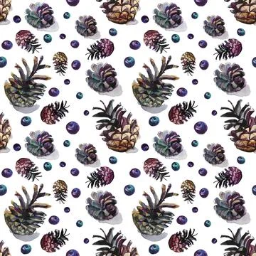 Watercolor seamless pattern with pine cones and blueberry on white background Stock Illustration