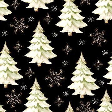 Watercolor seamless pattern with pine trees and snowflakes isolated on black Stock Illustration