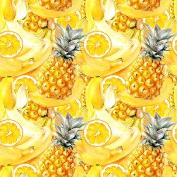 Watercolor seamless pattern of a pineapple with an orange and banana, ideal for Stock Illustration