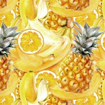 Watercolor seamless pattern of a pineapple with an orange and banana, ideal for 스톡 일러스트
