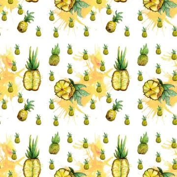 Watercolor seamless pattern of pineapples, their halves and slices, as well as Stock Illustration