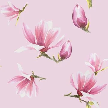Watercolor Seamless Pattern pink background Hand painted illustration Magnoli Illustrazione stock