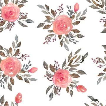 Watercolor seamless pattern of pink blush roses flowers and grey brown neutral Stock Illustration