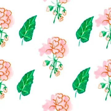 A watercolor seamless pattern with pink geranium with green leaves. Stock Illustration