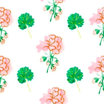 A watercolor seamless pattern with pink geranium with green leaves. Illustrazione stock