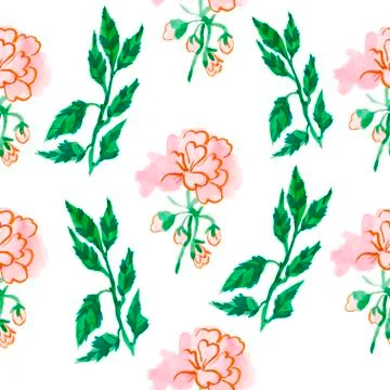 A watercolor seamless pattern with pink geranium with green leaves. Stock Illustration