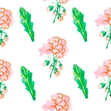 A watercolor seamless pattern with pink geranium with green leaves. Stock Illustration
