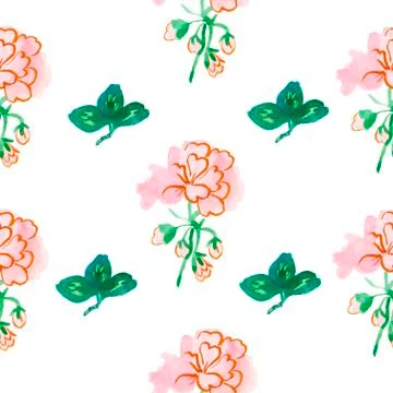 A watercolor seamless pattern with pink geranium with green leaves. Stock Illustration