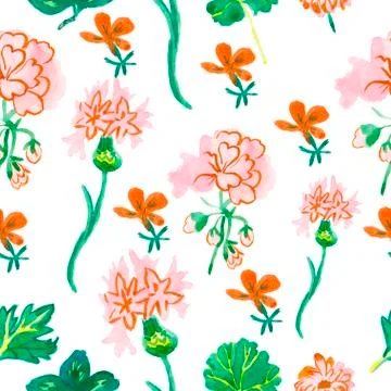 Watercolor seamless pattern with pink geranium with green leaves. Stock Illustration