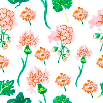 Watercolor seamless pattern with pink geranium with green leaves. Stock Illustration