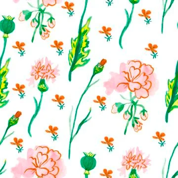 Watercolor seamless pattern with pink geranium with green leaves. Stock Illustration