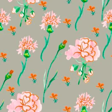 Watercolor seamless pattern with pink geranium with green leaves. Stock Illustration