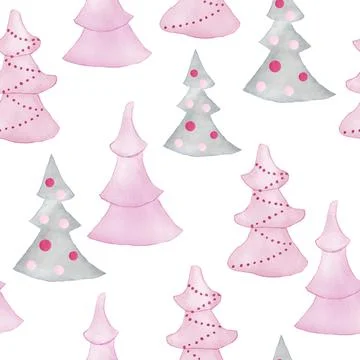 Watercolor seamless pattern with pink gray pastel forest wood trees isolated on Stock Illustration