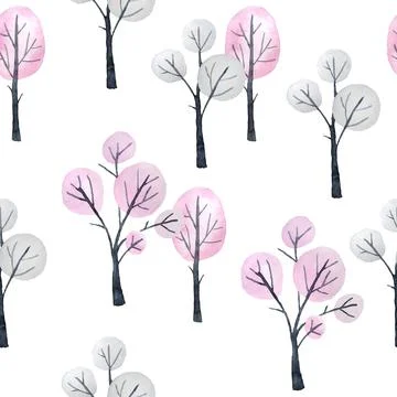 Watercolor seamless pattern with pink gray pastel forest wood trees isolated on Stock Illustration