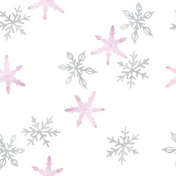 Watercolor seamless pattern with pink gray pastel snowflakes isolated on white Stock Illustration