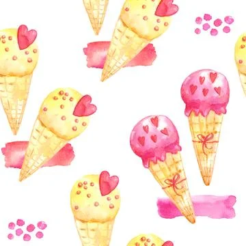 Watercolor seamless pattern with pink ice cream isolated on white backgroun.. Stock Illustration