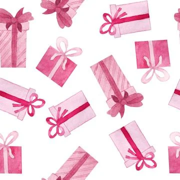 Watercolor seamless pattern with pink red gifts presents. Birthday party Illustrazione stock
