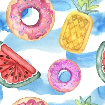 Watercolor seamless pattern with pool floats. Hand painted air toy and water Illustrazione stock