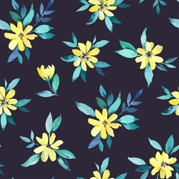 Watercolor seamless pattern with pretty delicate yellow flowers. Vector Stock Illustration