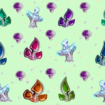 Watercolor seamless pattern with psychedelic multicolored mushrooms and dots on Stock Illustration