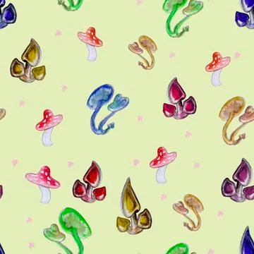 Watercolor seamless pattern with psychedelic multicolored mushrooms and dots on Stock Illustration