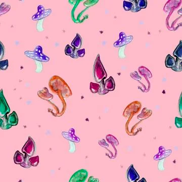 Watercolor seamless pattern with psychedelic multicolored mushrooms and dots on Stock Illustration