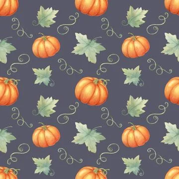 Watercolor seamless pattern of pumpkins with green vines and leaves. Hand drawn Illustrazione stock