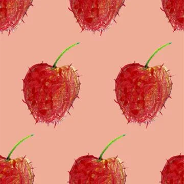 Watercolor seamless pattern with red apples, bananas, pears, cherries bright  Stock Illustration