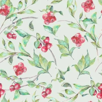 Watercolor seamless pattern with red berries Stock Illustration