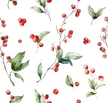 Watercolor seamless pattern of red berries, leaves and branches. Hand painted Stock Illustration