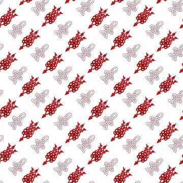 Watercolor seamless pattern with red Celtic elements and contour components Stock Illustration
