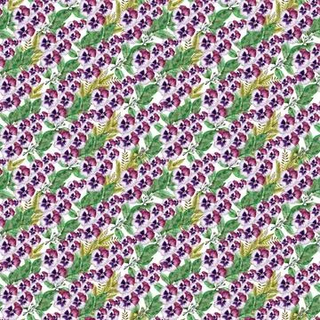 Watercolor seamless pattern with red flower, pansies and green meadow plants Stock Illustration