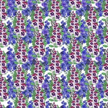 Watercolor seamless pattern with red flower, pansies and green meadow plants Stock Illustration